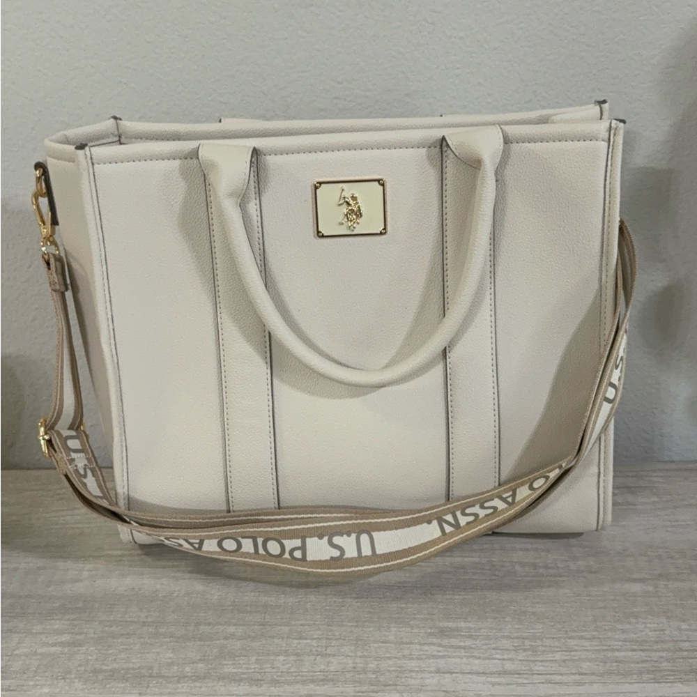 U.S. Polo Assn. Cream Structured Tote with Branded Strap